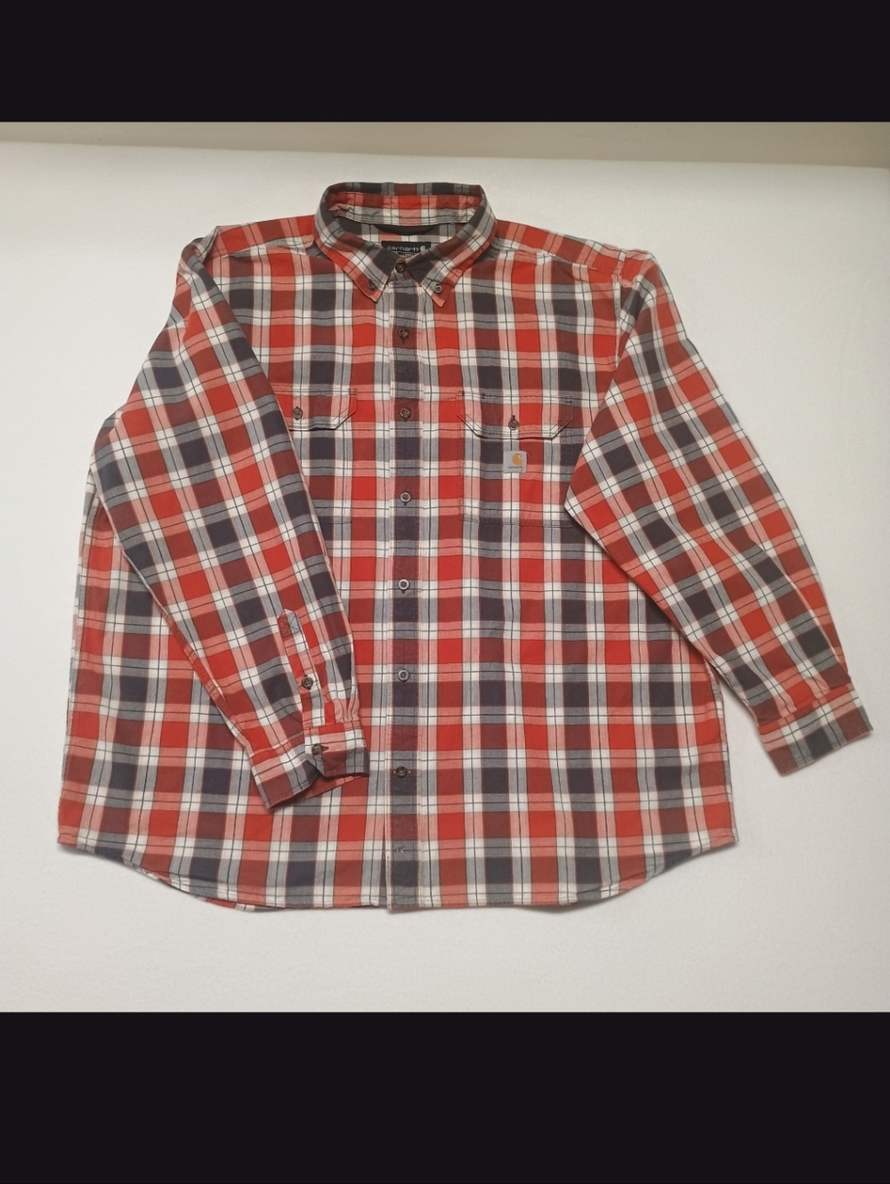 Carhartt Mens 2XL Orange Red and Gray Plaid Button-Down Shirt - Picture 5 of 8